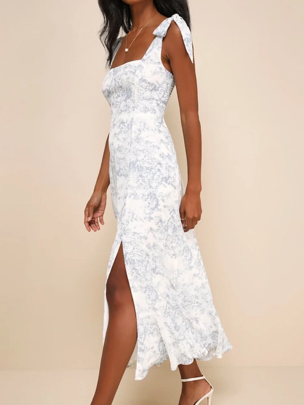 NWT Lulus Summer Invite White and Blue Toile Tie-Strap Tiered Midi Dress - Picture 3 of 7
